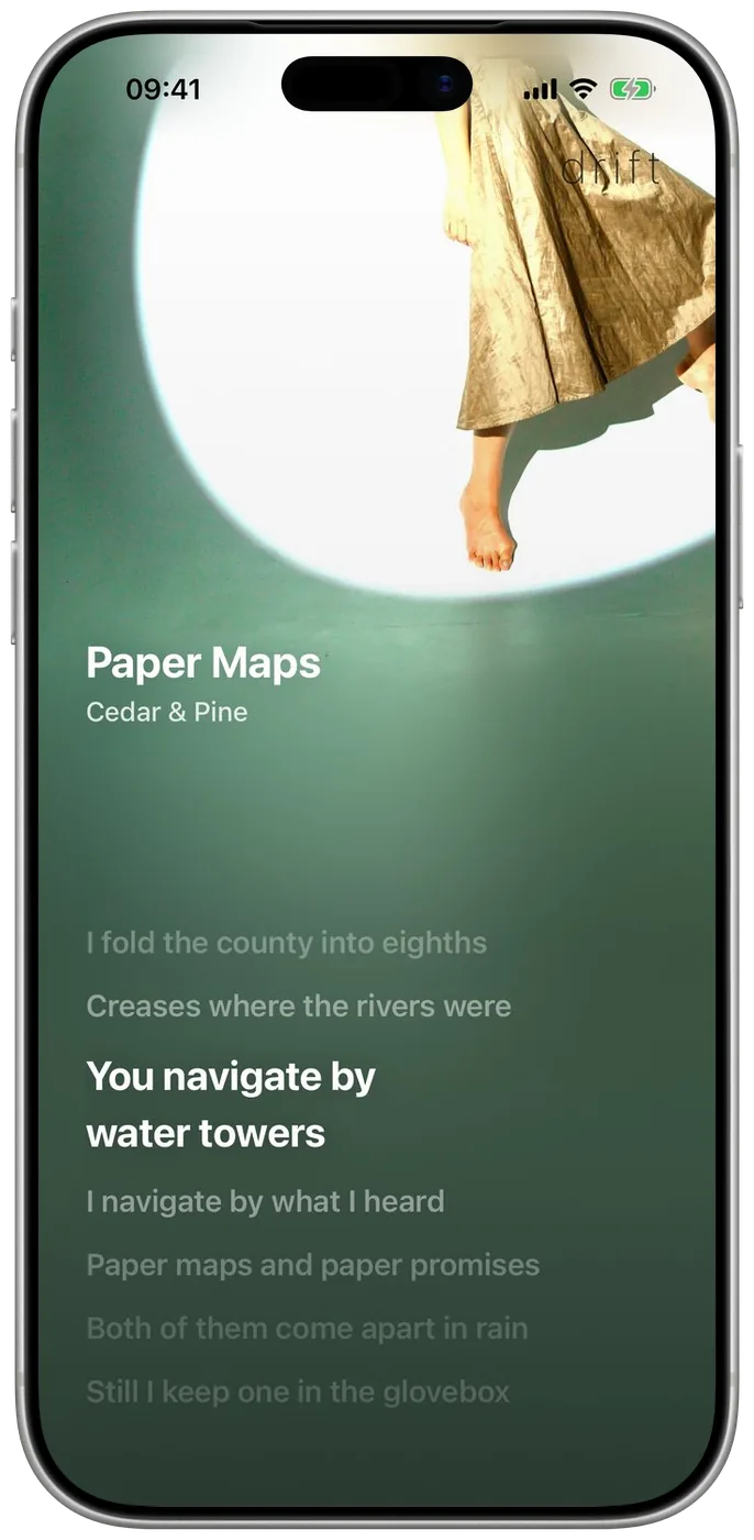 A song playing with its lyrics following along