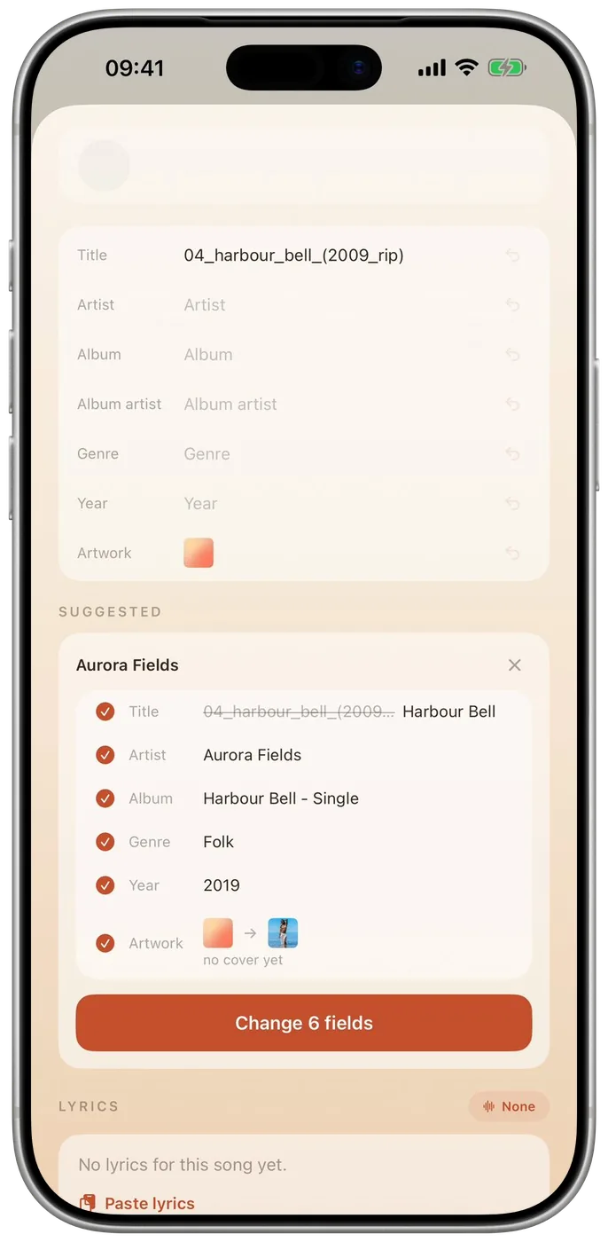 The chosen release, field by field, with a button to change six fields